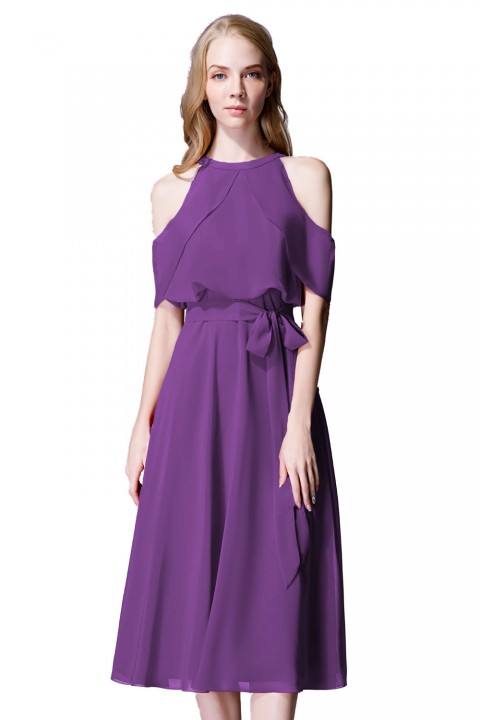 Flirty Off Shoulder Chiffon Ruffled Detachable Belt Bridesmaid Dress Short