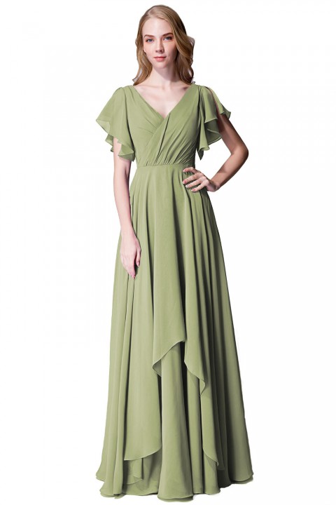 Flutter Sleeve Chiffon Ruched V Back Bridesmaid Dress Long