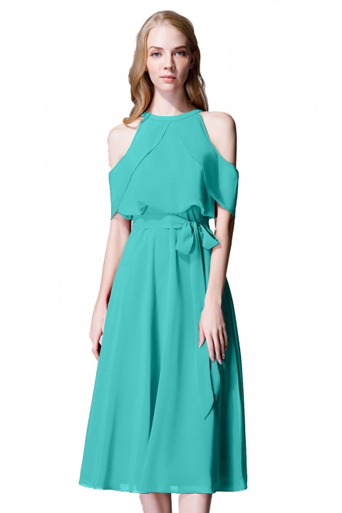 Flirty Off Shoulder Chiffon Ruffled Detachable Belt Bridesmaid Dress Short