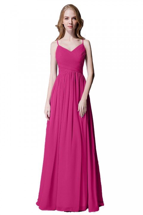 Spaghetti Straps Pleated Chiffon Bridesmaid Dress with Lace Open Back