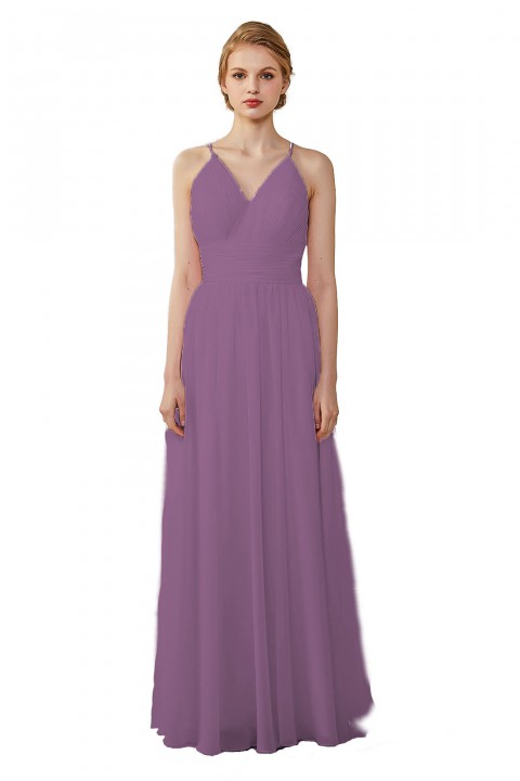 Spaghetti Straps V-Neck Bridesmaid Dress Open Back with Triangle Lace Detail