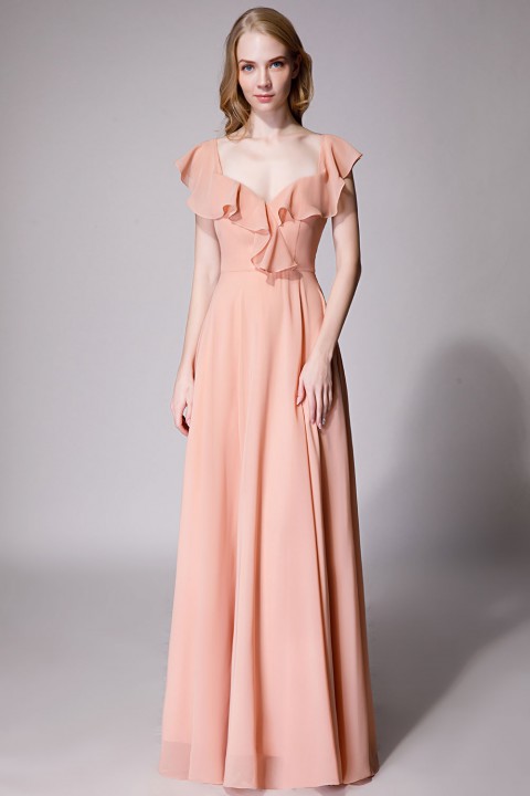 V Neck Cascading Ruffles Sleeve Bow Back Bridesmaid Dress 