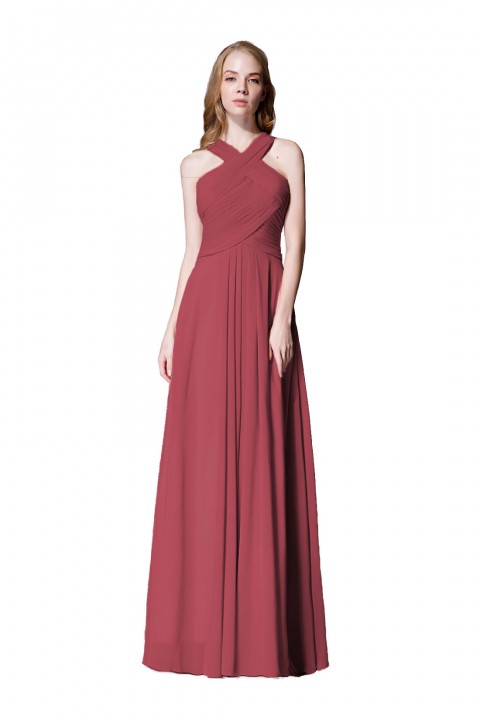 Chic Criss-cross Halter Pleated Chiffon Bridesmaid Dress Long