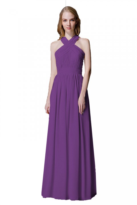 Criss-cross Halter Pleated Chiffon Bridesmaid Dress with Cross-straps Back