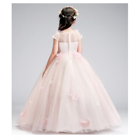 Soft Pink Sleeveless Flowers Shape Decor Tulle Skirt Girls Pageant Dresses