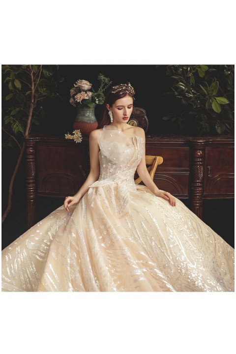 New 2021 Off Shoulder Beaded & Flower Embroidery Tulle Wedding Dress With Long Train