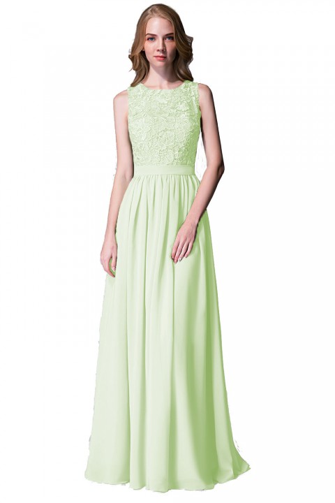 Lace Upper Bodice Illusion Scoop Neck Chiffon Bridesmaid Dress Sleeveless