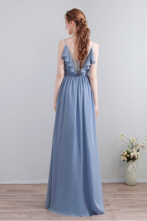 V Neck Ruffle Back with Lace Spaghetti Straps Chiffon Bridesmaid Dress