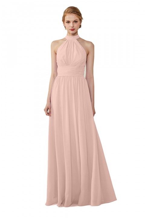 High Neck Chiffon Lace Triangle Back Halter Bridesmaid Dress