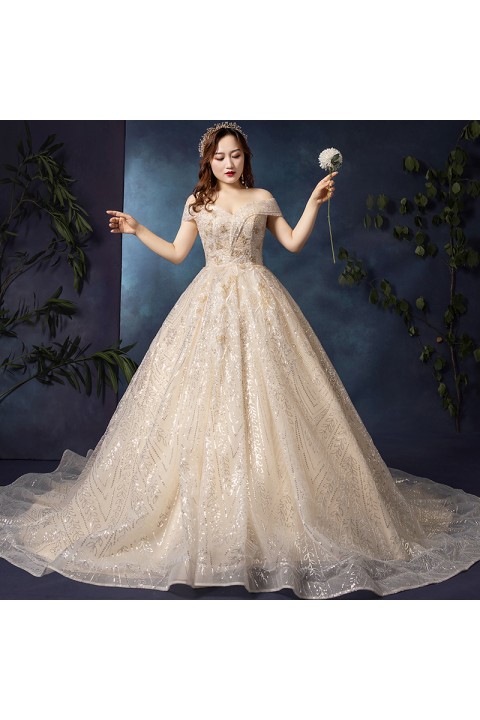 Plus Size 2021 Off Shoulder Luxury Beaded & Sequined Decor Emboridered Flower Glitter Tulle Wedding Dress With Long Train