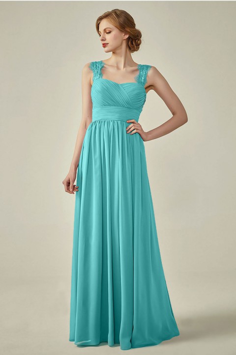 Pleated Long Chiffon Open Back Lace Strap Bridesmaid Dress