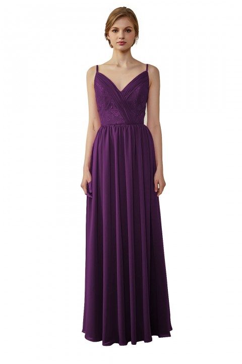 Double Spaghetti Straps Draped Lace Open-back Chiffon Bridesmaid Dress