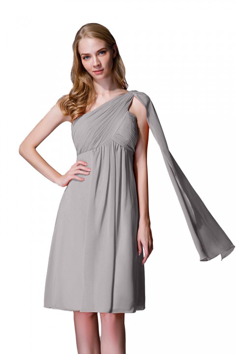 One-Shoulder Pleated Chiffon Short Bridesmaid Dress With Flowing Cape