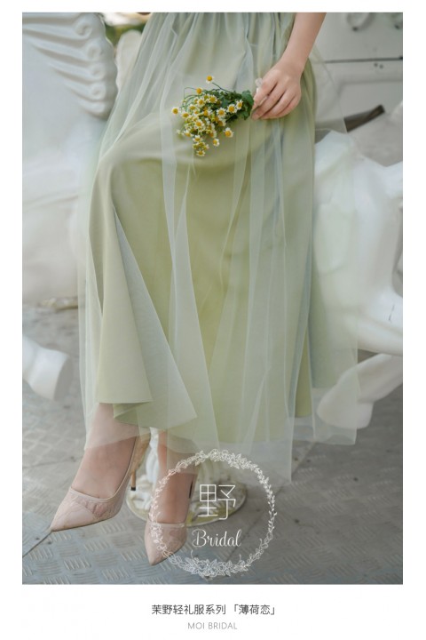 Laurel Green Square Neck Tulle Sleeves High Waist Lace Bridesmaid Dress