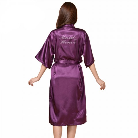 Hot Drilling Tied Waist Silk Maid of Honor Robe with Pockets