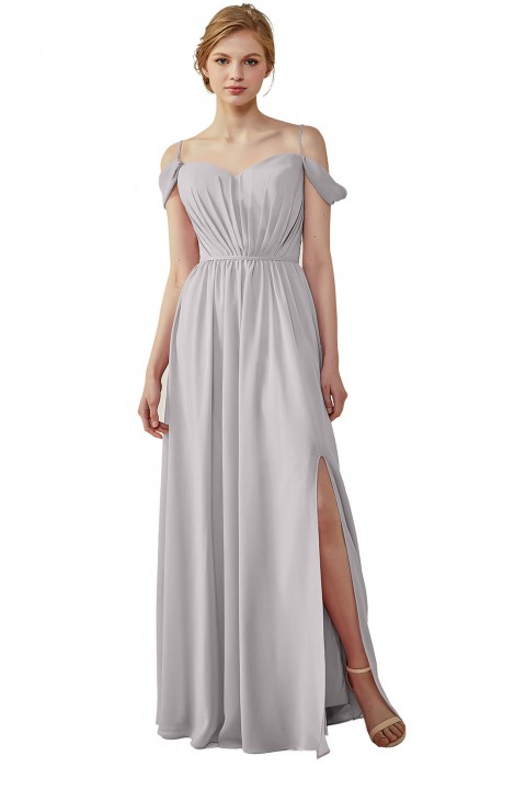 A-Line Cold Shoulder Spaghetti Straps Chiffon Bridesmaid Dress with Side Slit