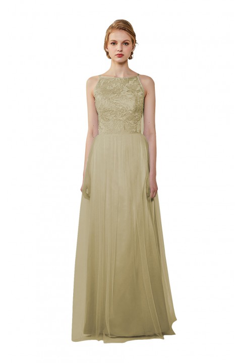 Tulle Lace Illusion Boatneck and Back Bridesmaid Dress with Keyhole 