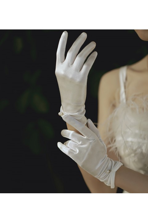 White Pearl Decor Thin Tulle&Satin Wedding Bridal Gloves