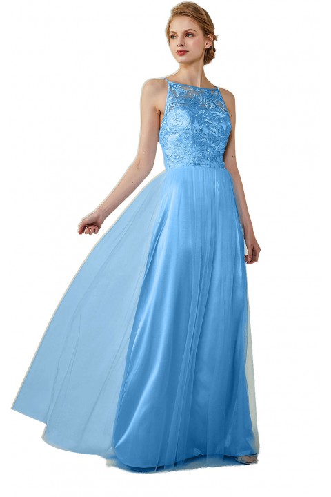 Tulle Lace Illusion Boatneck and Back Bridesmaid Dress with Keyhole 