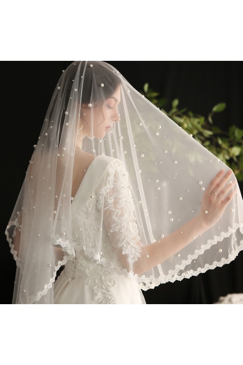 White Pearl Decor Soft Tulle Long Wedding Bridal Veil