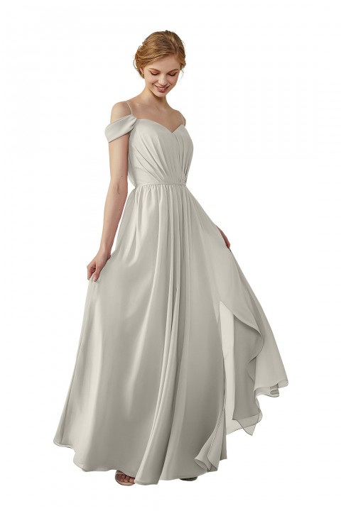 A-Line Cold Shoulder Spaghetti Straps Chiffon Bridesmaid Dress with Side Slit