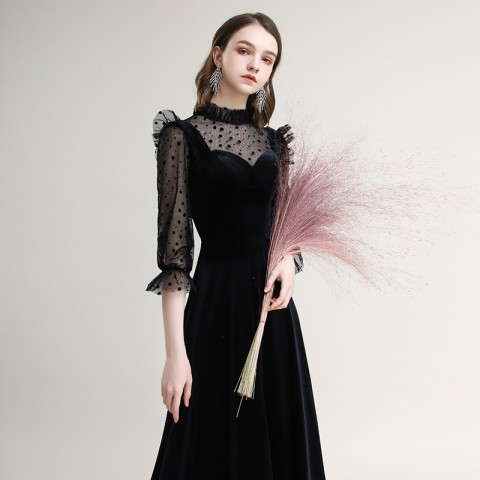 Black High Collar Long Tulle Sleeves Velvet Party Dress