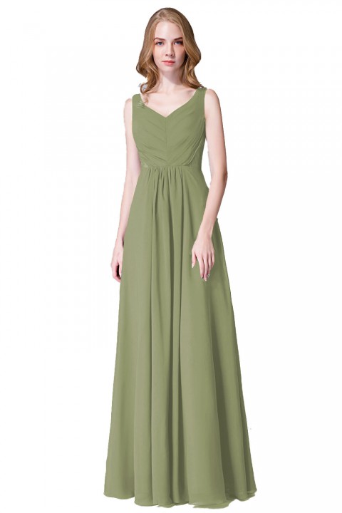 Elegant V-Back Chiffon Tank Bridesmaid Dress with Mesh Lace Inset