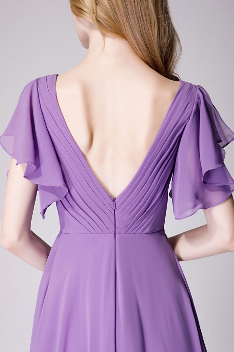 Flutter Sleeve Chiffon Ruched V Back Bridesmaid Dress Long