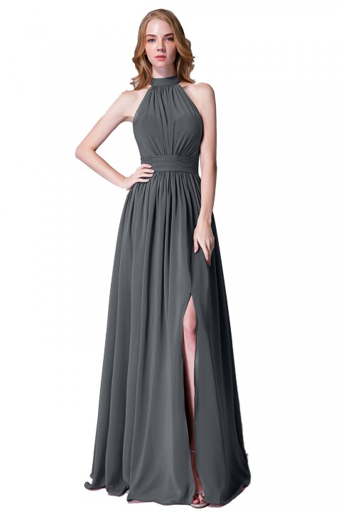 Illusion Neckline High Neck Halter Side Slit Chiffon Bridesmaid Dress with Keyhole