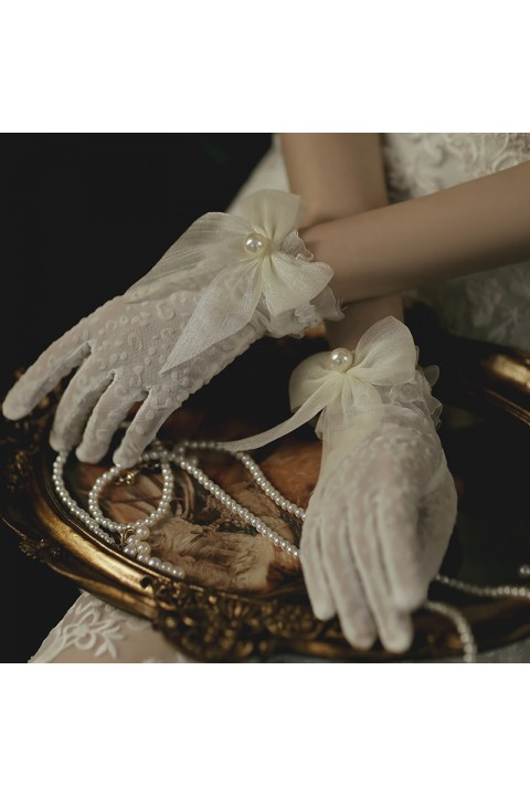 White Pearl&Bow Decor Elastic Tulle Wedding Bridal Gloves