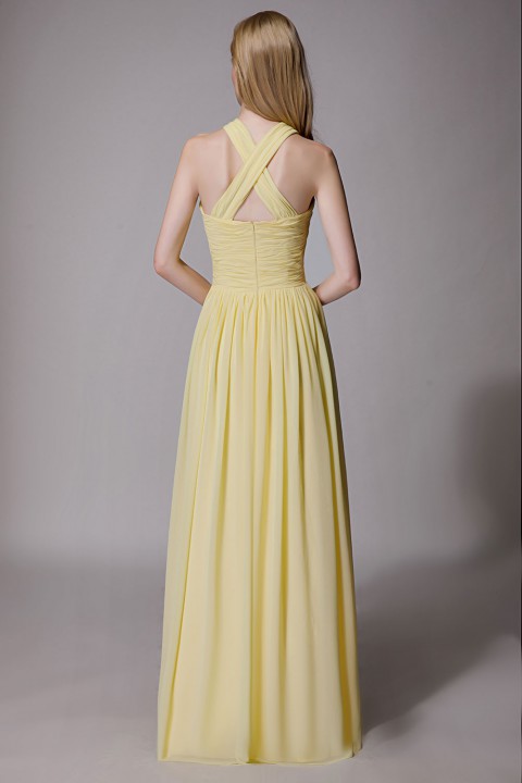 Criss-cross Halter Pleated Chiffon Bridesmaid Dress with Cross-straps Back