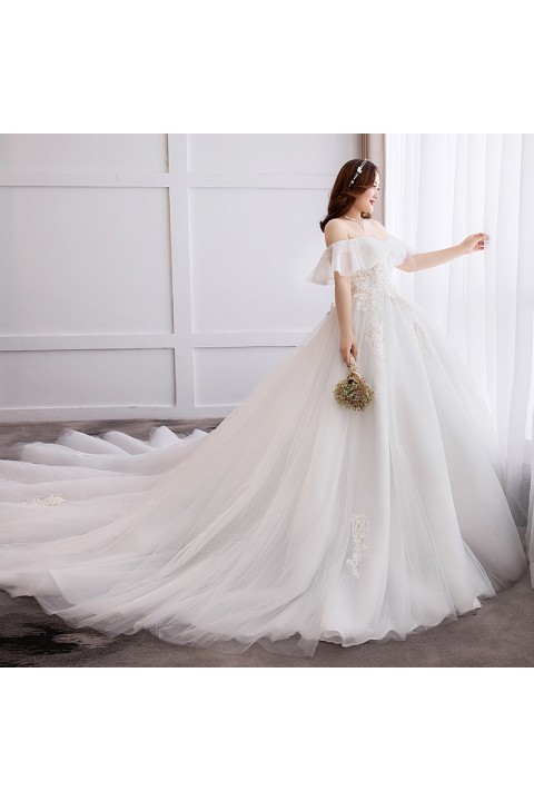 Plus Size 2021 Off Shoulder Flounce Decor Gorgeous Embroidered Flower Tulle Wedding Dress With Long Train