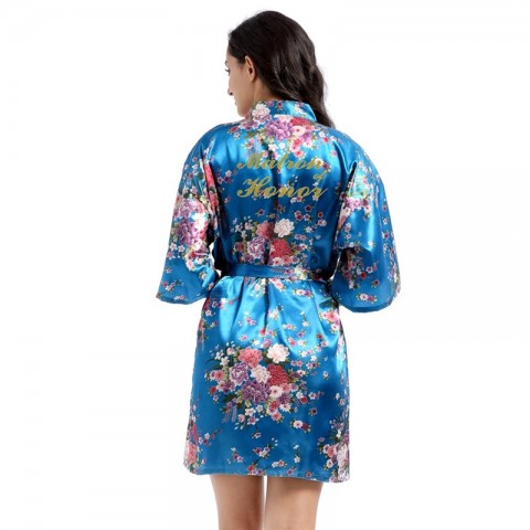 Floral Slogan Printed Tied Waist Silk Marton of Honor Robe