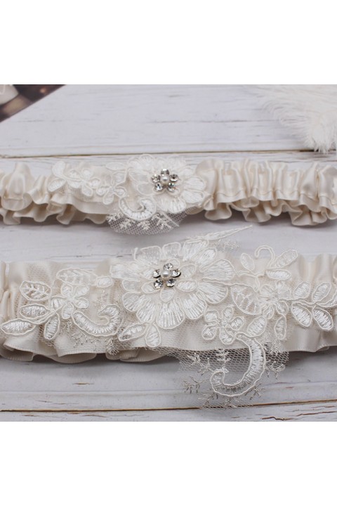 Floral Lace Pearl Crystal Elastic Bridal Garter Set