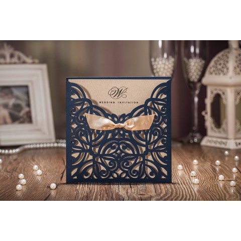 Laser Cut Square Customized Wedding Invitation with Tied