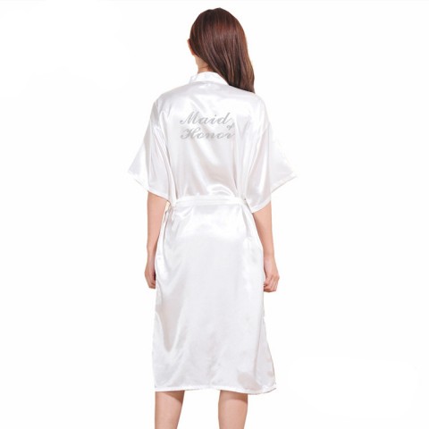 Hot Drilling Tied Waist Silk Maid of Honor Robe with Pockets