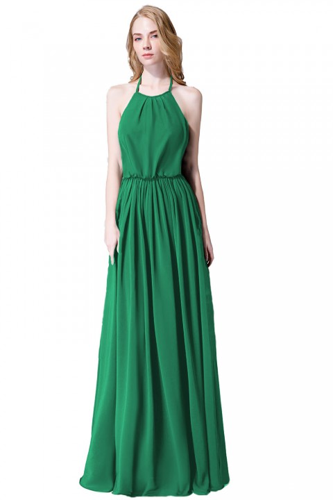 Halter Spaghetti Strap Open Back Chiffon Bridesmaid Dress with Sash