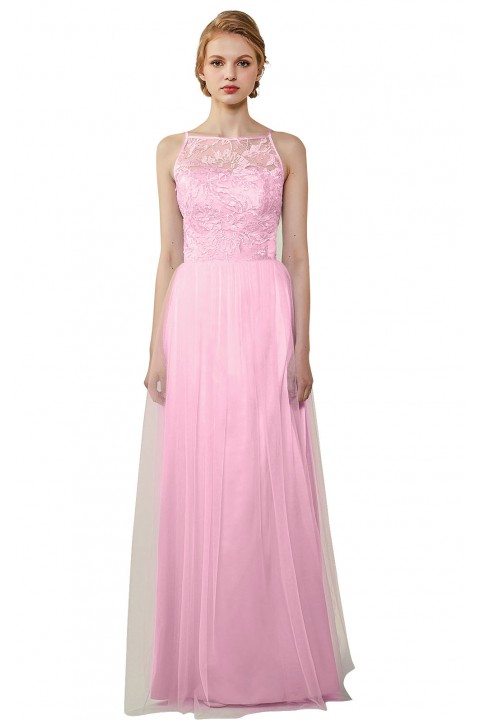 Tulle Lace Illusion Boatneck and Back Bridesmaid Dress with Keyhole 