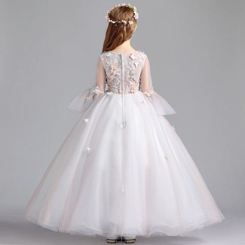 Round Neck Long Puff Sleeve Embroidery Butterflies Decor Tulle Skirt Girls Pageant Dresses