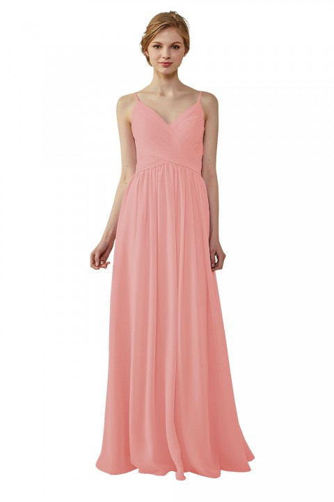 Spaghetti Straps Pleated Low V Back Bridesmaid Dress