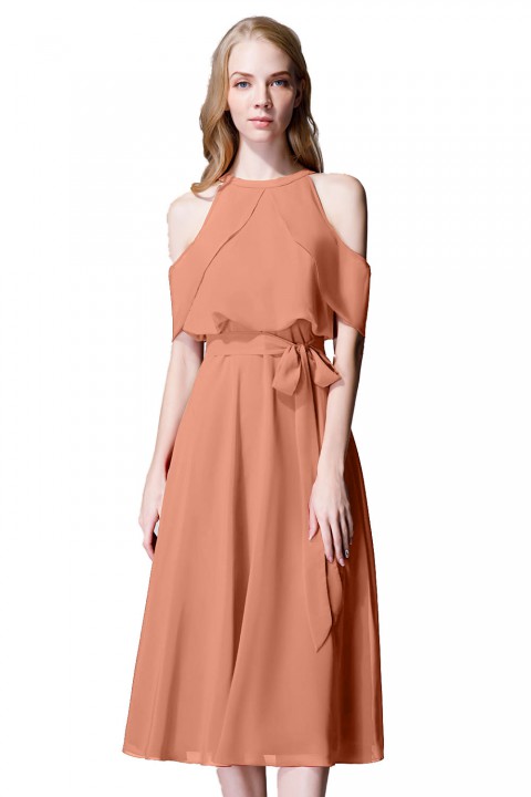 Flirty Off Shoulder Chiffon Ruffled Detachable Belt Bridesmaid Dress Short