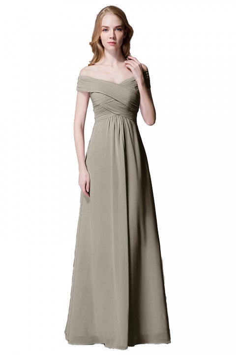 Crisscross Off-the-Shoulder Pleated V-back Bridesmaid Dress Long