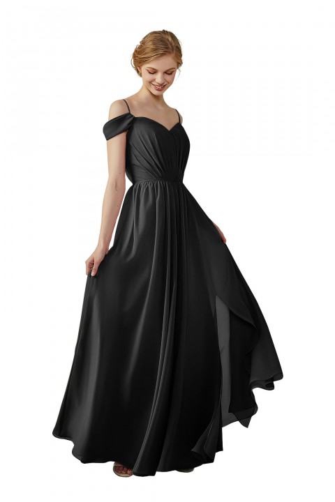 A-Line Cold Shoulder Spaghetti Straps Chiffon Bridesmaid Dress with Side Slit