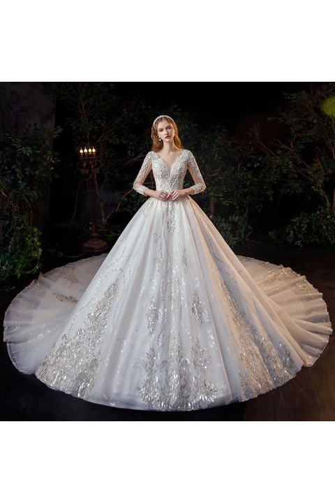 New 2021 Elegant Deep V-neck Long Sleeves Beaded & Sequins Decor Flower Embroidered Tulle Wedding Dress With Long Train