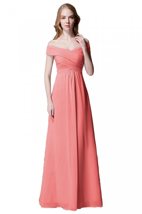 Crisscross Off-the-Shoulder Pleated V-back Bridesmaid Dress Long