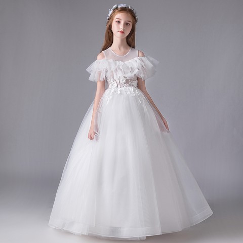 White Cold Shoulder With Flounce Flower Decor Tulle Skirt Girls Pageant Dress