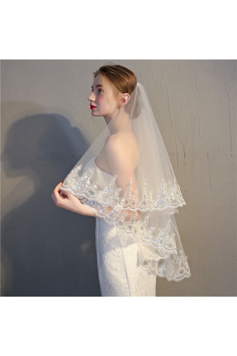 Lace Crochet Sequins Decor Two-Tier Bridal Veil