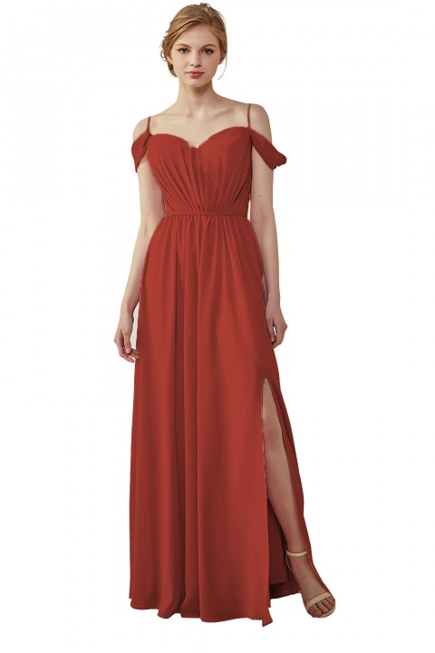 A-Line Cold Shoulder Spaghetti Straps Chiffon Bridesmaid Dress with Side Slit