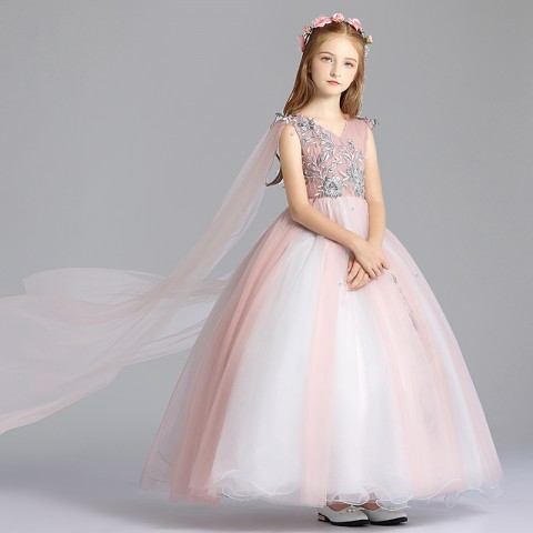 V-neck Long Shawl Sleeve Embroidery Pattern Decor Tulle Skirt Girls Pageant Dresses