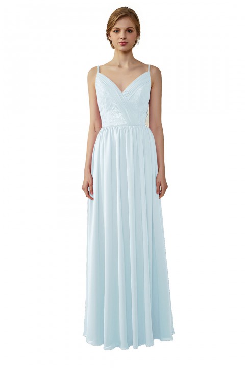 Double Spaghetti Straps Draped Lace Open-back Chiffon Bridesmaid Dress